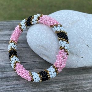 Bohemian seed bead bracelet pink black white handmade